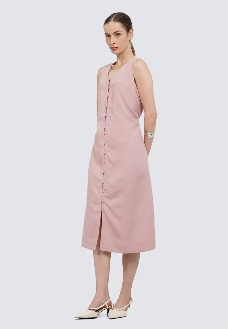 V-Neck Belted Sleeveless Midi Dress DUSTY PINK