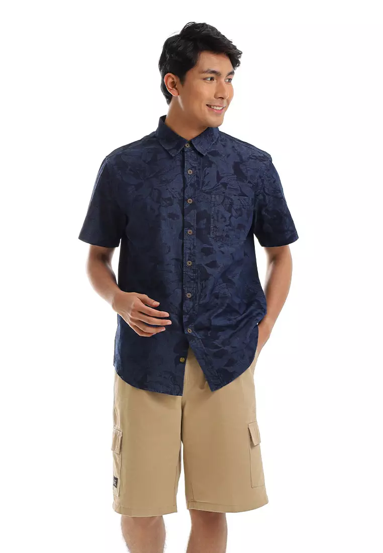 FOREST MEN S/S PLUS SIZE DENIM PRINTED SHIRT - PL621497-33Navy