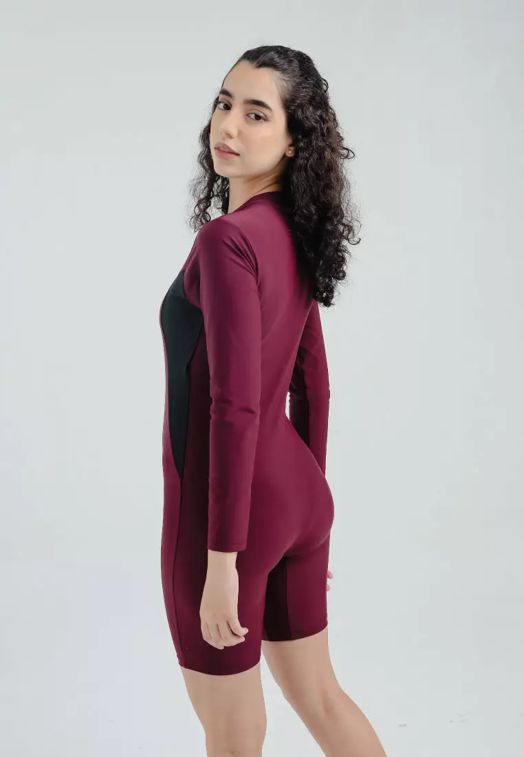 Shea Long Sleeve Diving, Baju Renang Wanita - Maroon