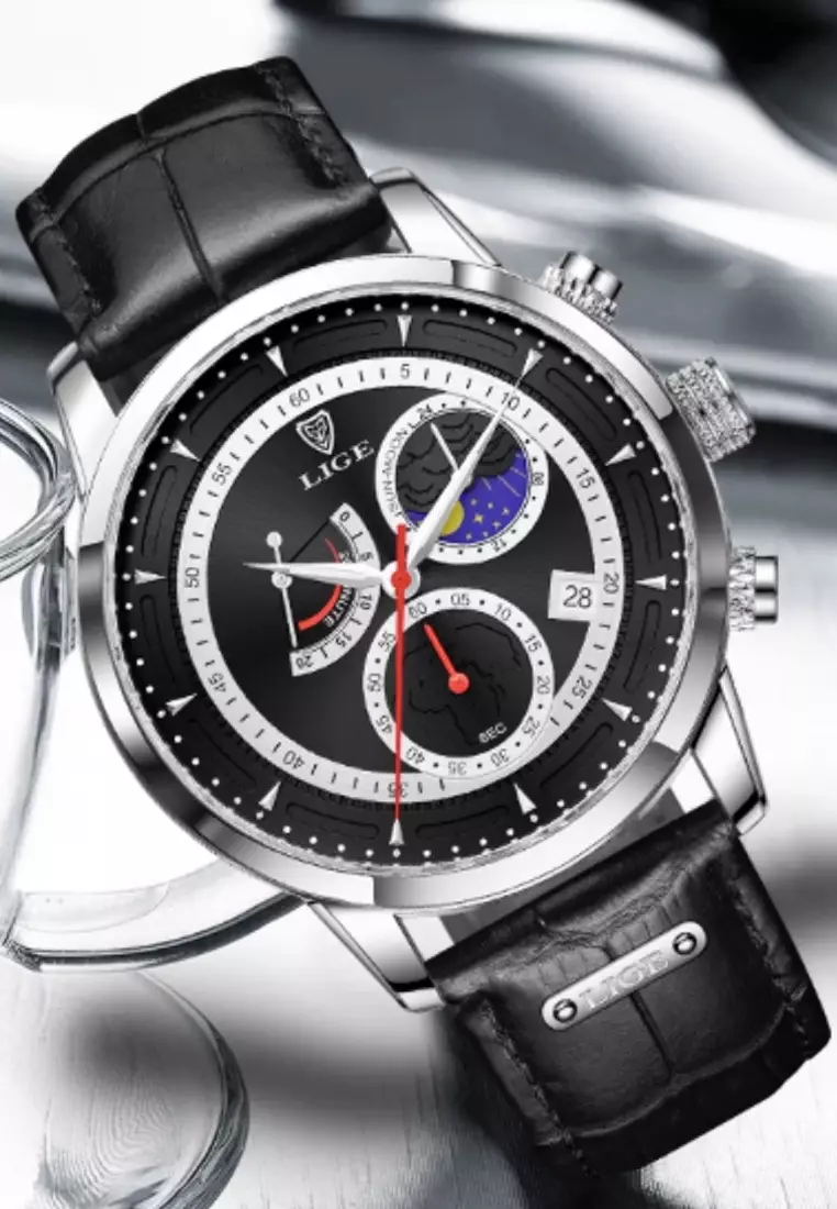 Chronograph Unisex Stainless Steel Quartz Watch, Black dial on Black Leather Strap