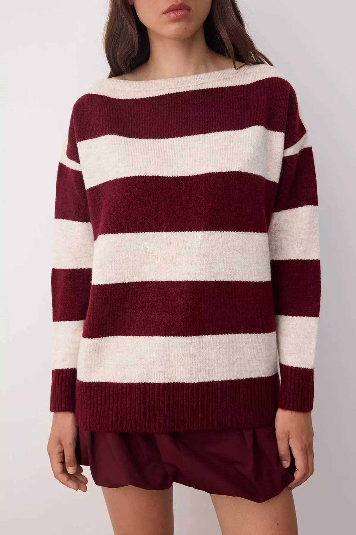 Ecru Soft Texture Wide Pattern Striped Knitwear Sweater