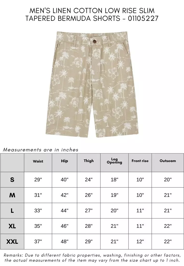 Men's Linen Cotton Low Rise Slim Tapered Bermuda Shorts
