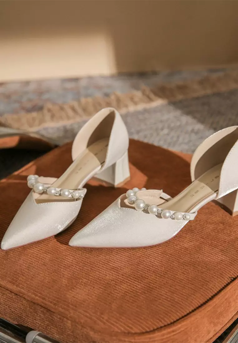 5CM Beaded Satin Mid Heels IF55805