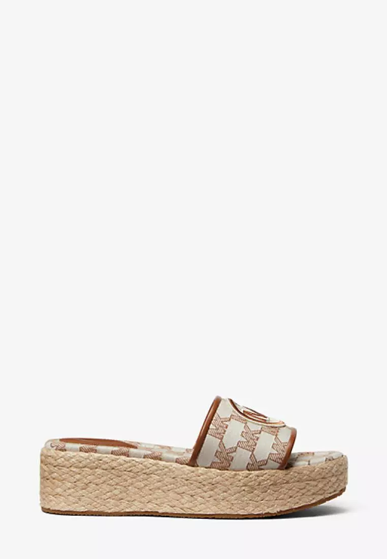 Michael Kors Sadler Logo Jacquard and Jute Wedge Sandal Brown