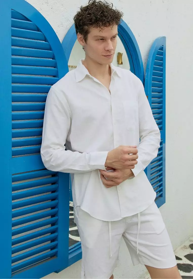 Winter Setelan Kemeja Celana Linen Set Pria Putih | Linen Set Men White