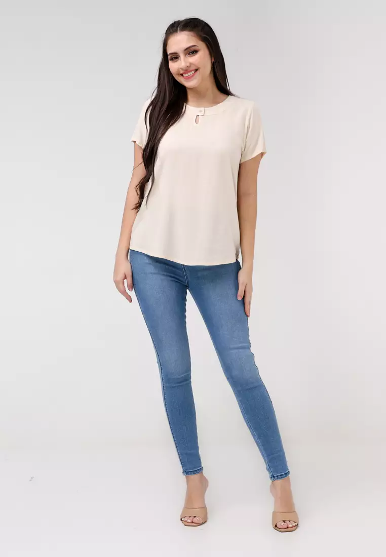 Woven Plain Rayon Short Sleeves Blouse