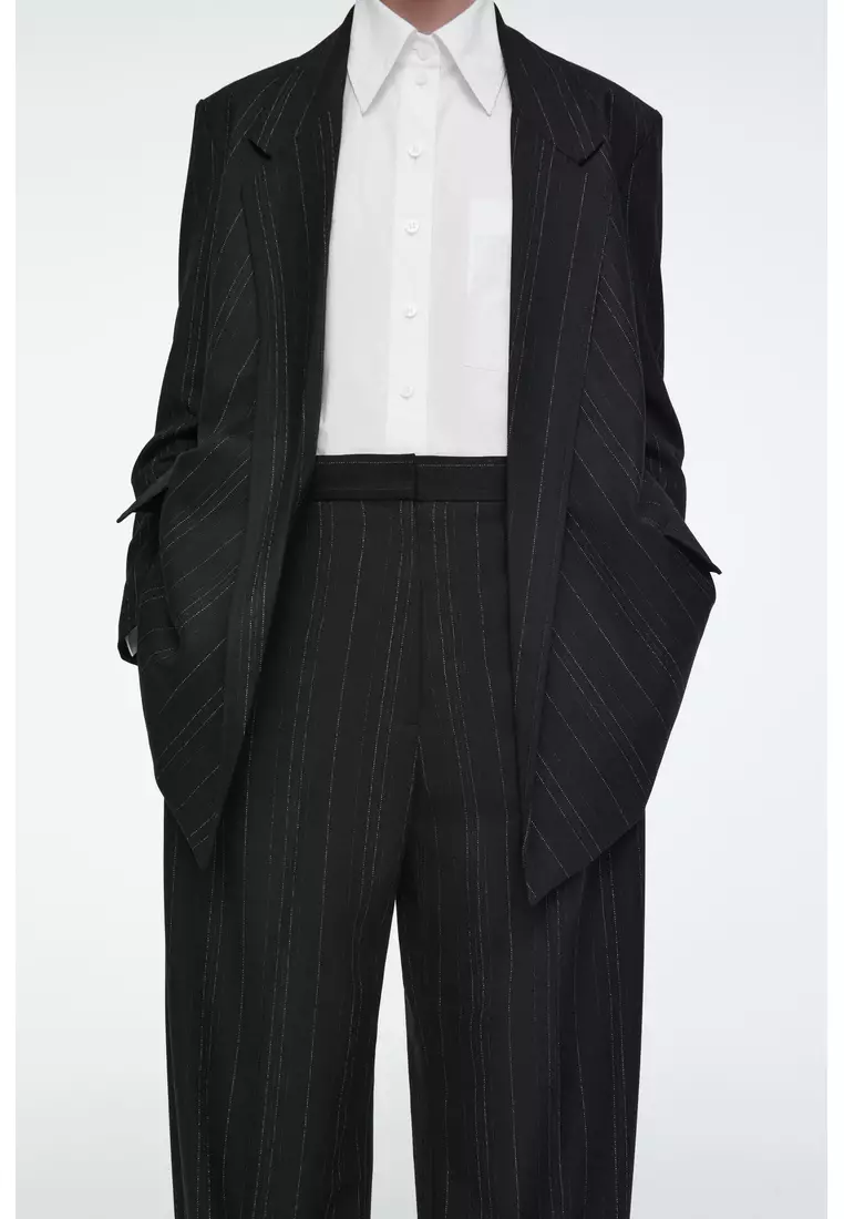 RELAXED PINSTRIPED BARREL-LEG TROUSERS