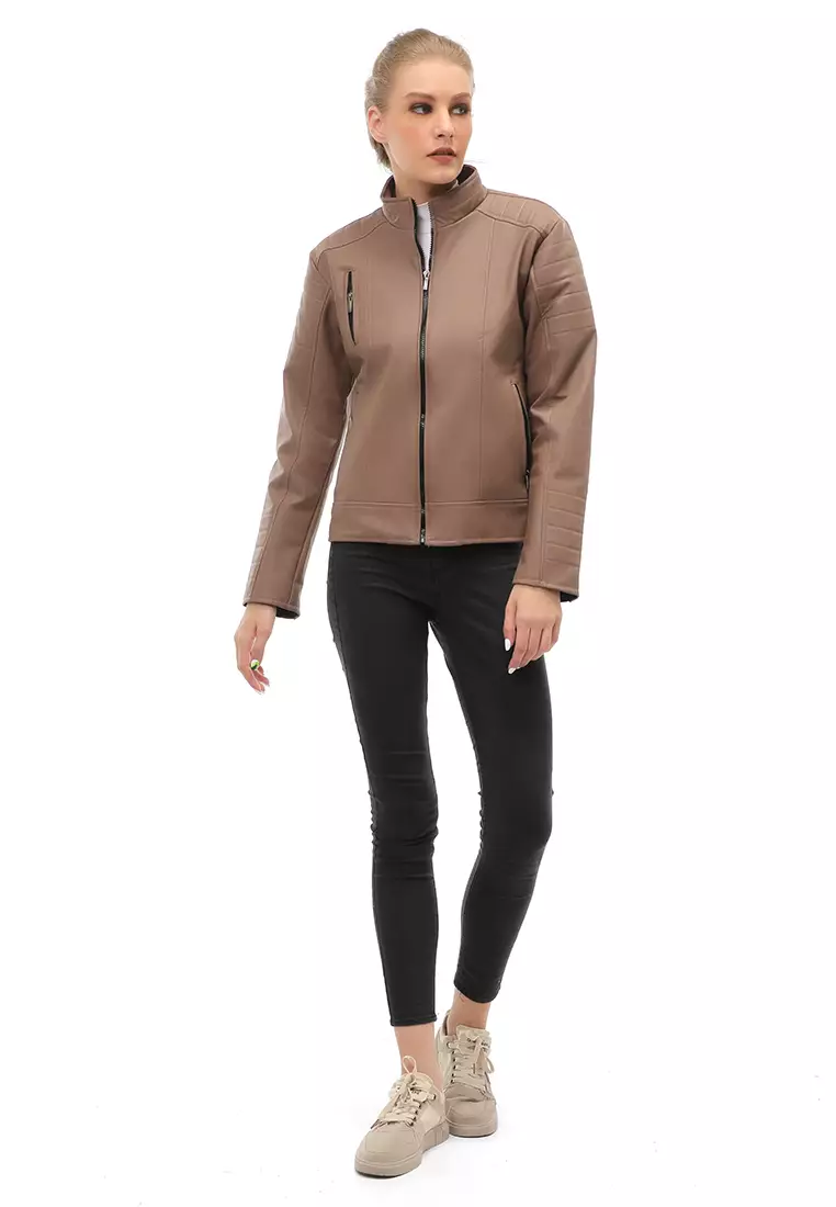 Glenice Jacket Outer Wanita Jaket Kulit Casual Simple Design Material Leather ORIGINAL - Mocca