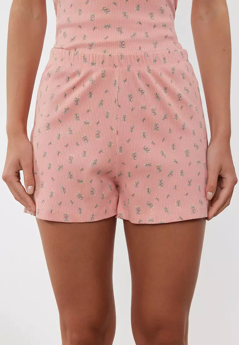 Powder 100% Cotton Floral Lace Rope Strap Ribbed Shorts Knitted Pajama Set THMSS24PT00062