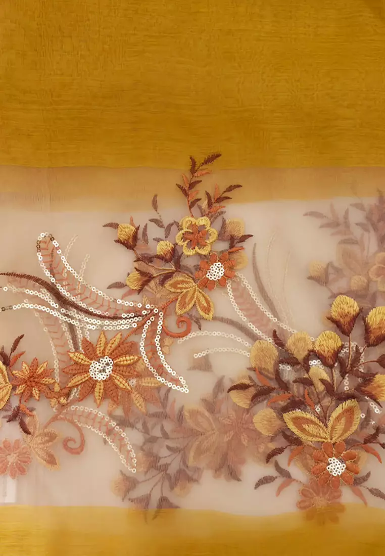 Aksesoris Wanita Golden Thread Embroidery & Sequin Flowery Silk Shawl Syal Sutra Wanita Mustard Yellow