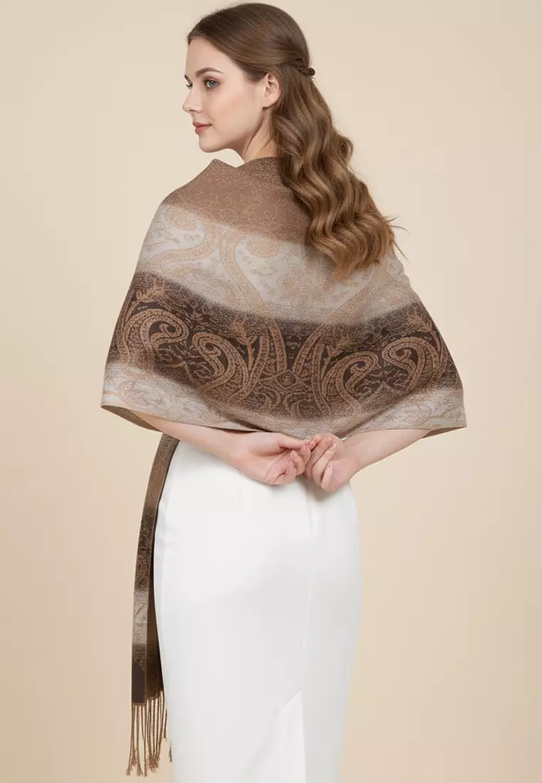 Aksesoris Wanita Reversible Viscose Arabesque Weave Pattern Pashmina Shawl Syal Gradasi Wanita Vintage Mocca