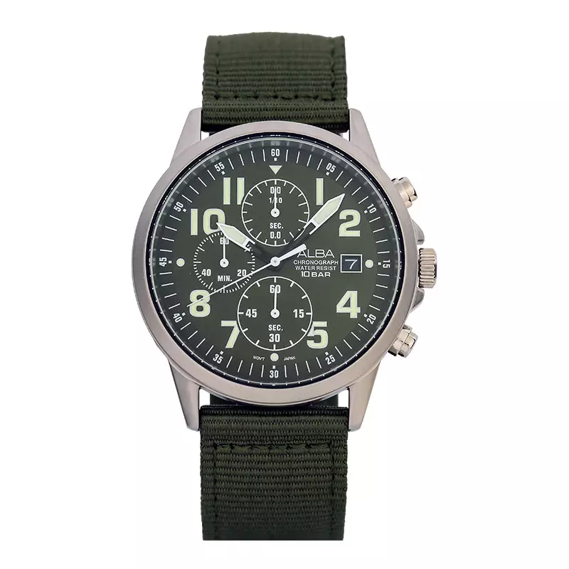 Jam Tangan Pria Alba AM3855X1 Chronograph Men Green Dial Green Nylon Strap