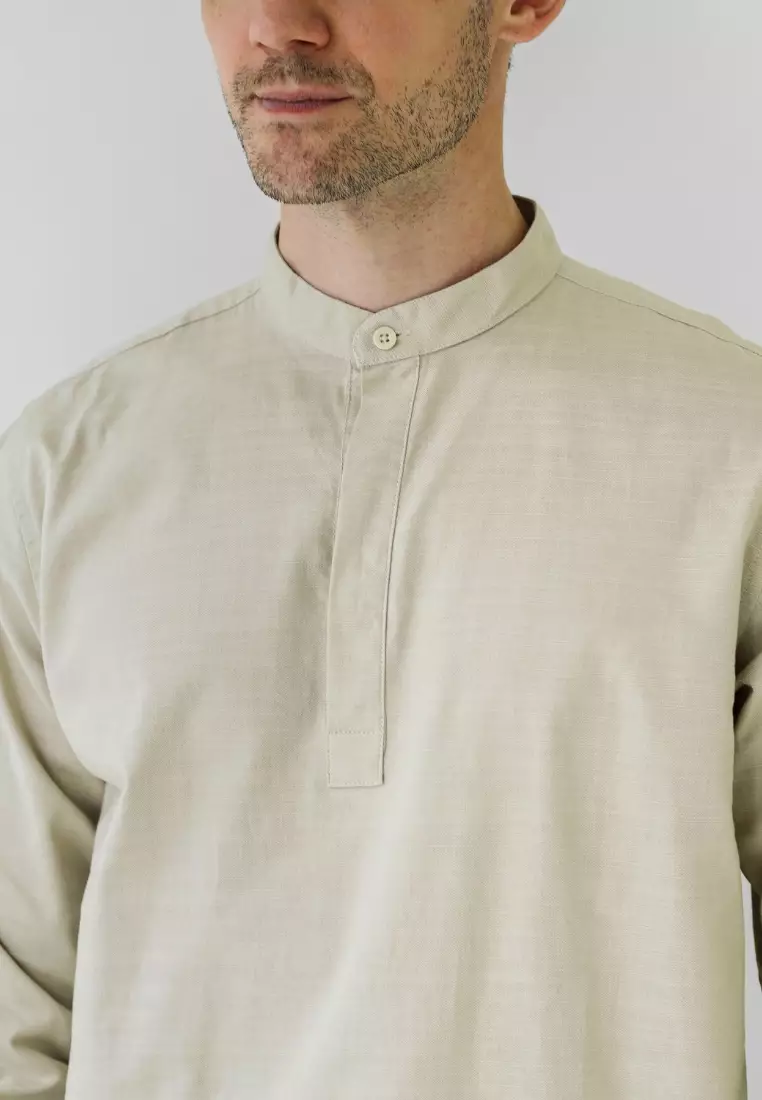 Cotton Well Oman Henley Shirt Cream │Kemeja Koko Basic Lengan Panjang Krem