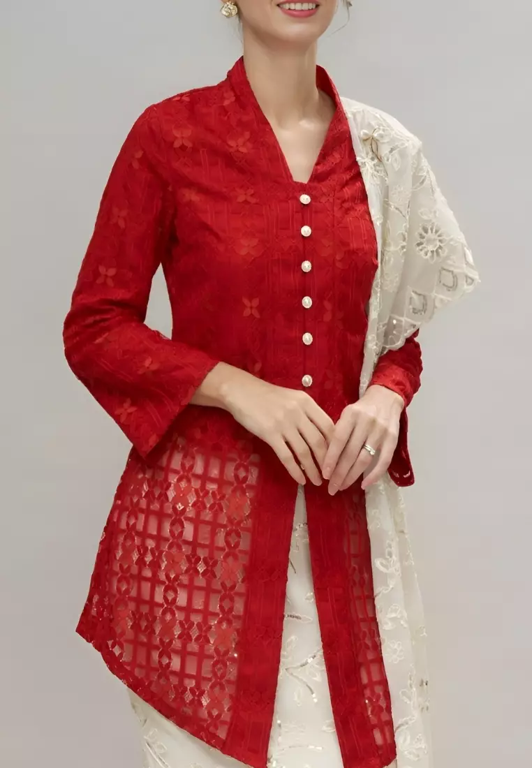 Loveaisyah Red Checkered Lace Kebaya Top & Floral Chiffon Skirt Hari Raya