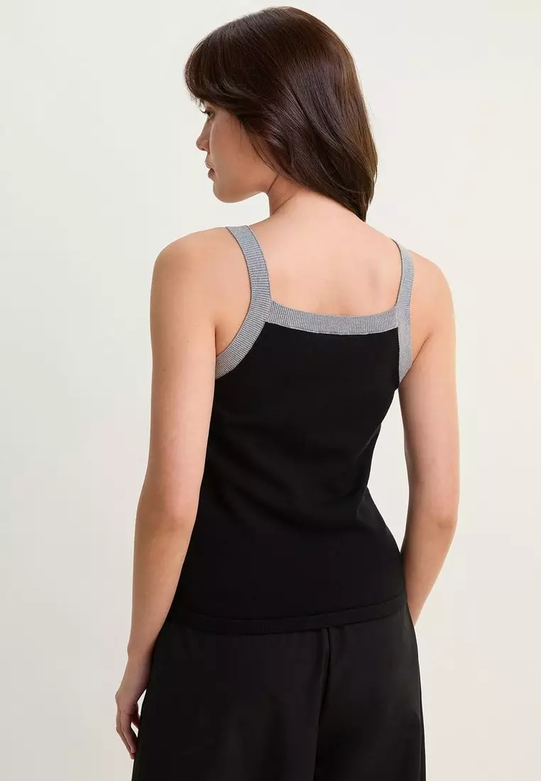 Contrast Trim Knit Tank Top - Black