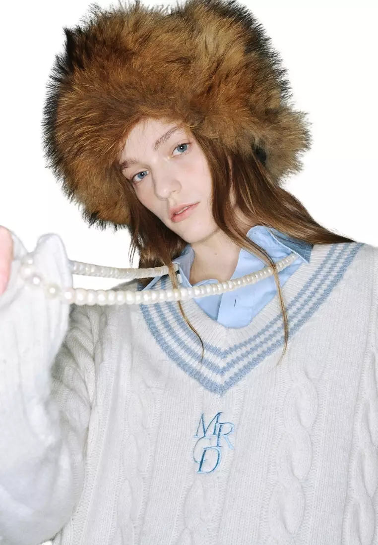 Cashmere Blended Cable Oversize V Neck - Ivory Sky