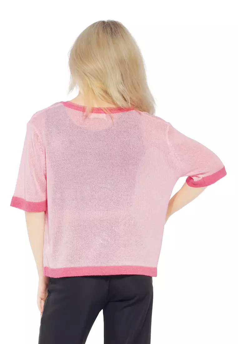 Pink Contrast Neck and Sleeve Rib T-Shirt