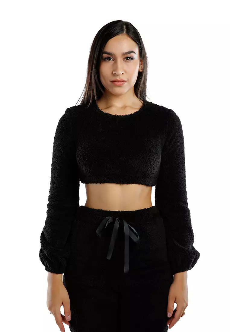 Buy London Rag Black Shearling Full Sleeve Crop Top 2023 Online