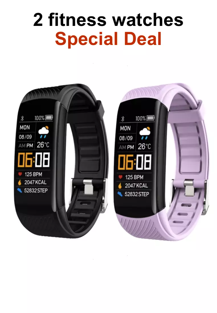 2 Unisex IOS/Android IP Black Waterproof Fitness SmartWatches, Heart Rate Monitoring, Weather, Clock - One all black / One Black and Pastel Purple