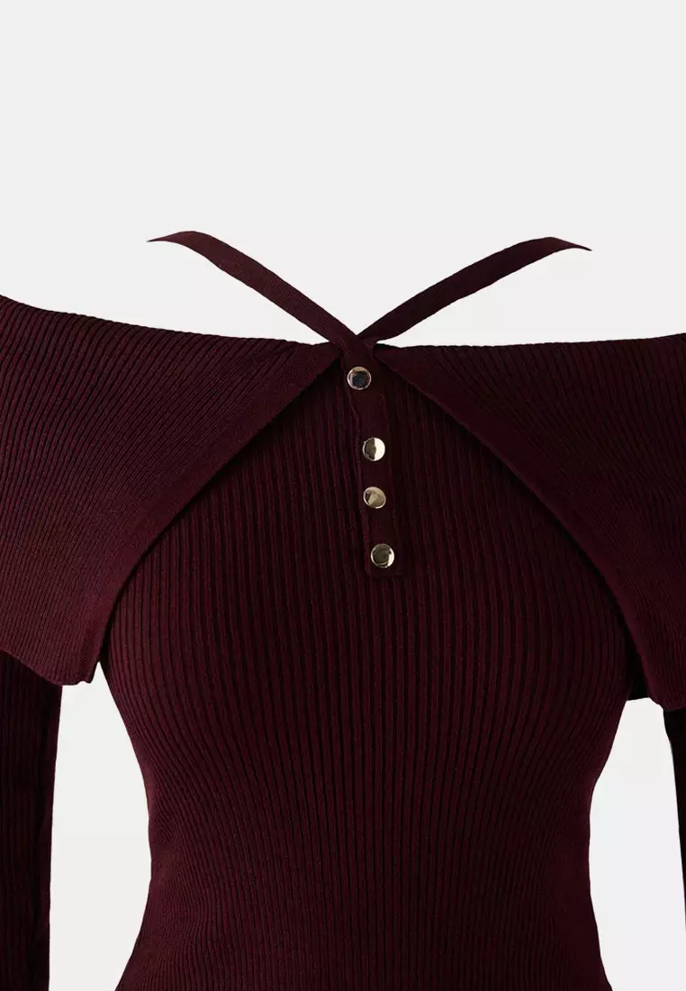 Burgundy Premium Yarn/Special Yarn Carmen Neck Strap Knitwear Sweater