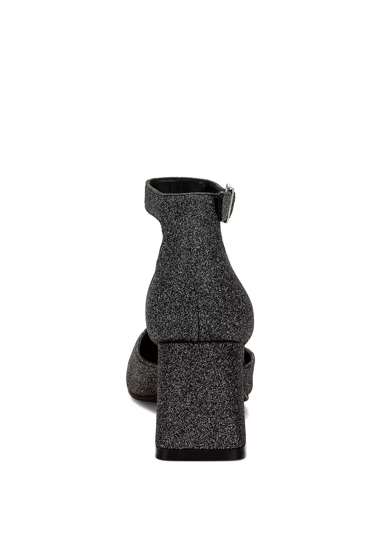 Sandal Tumit Blok Berkilau Warna Hitam