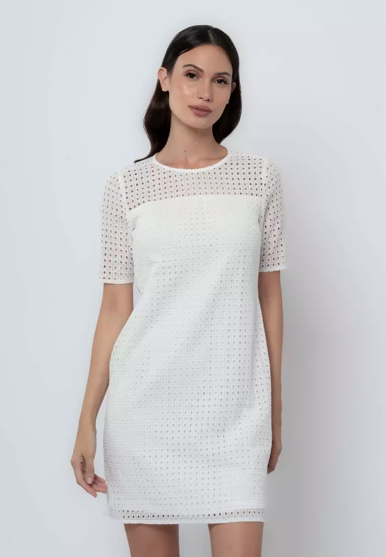 White eyelet shift sales dress