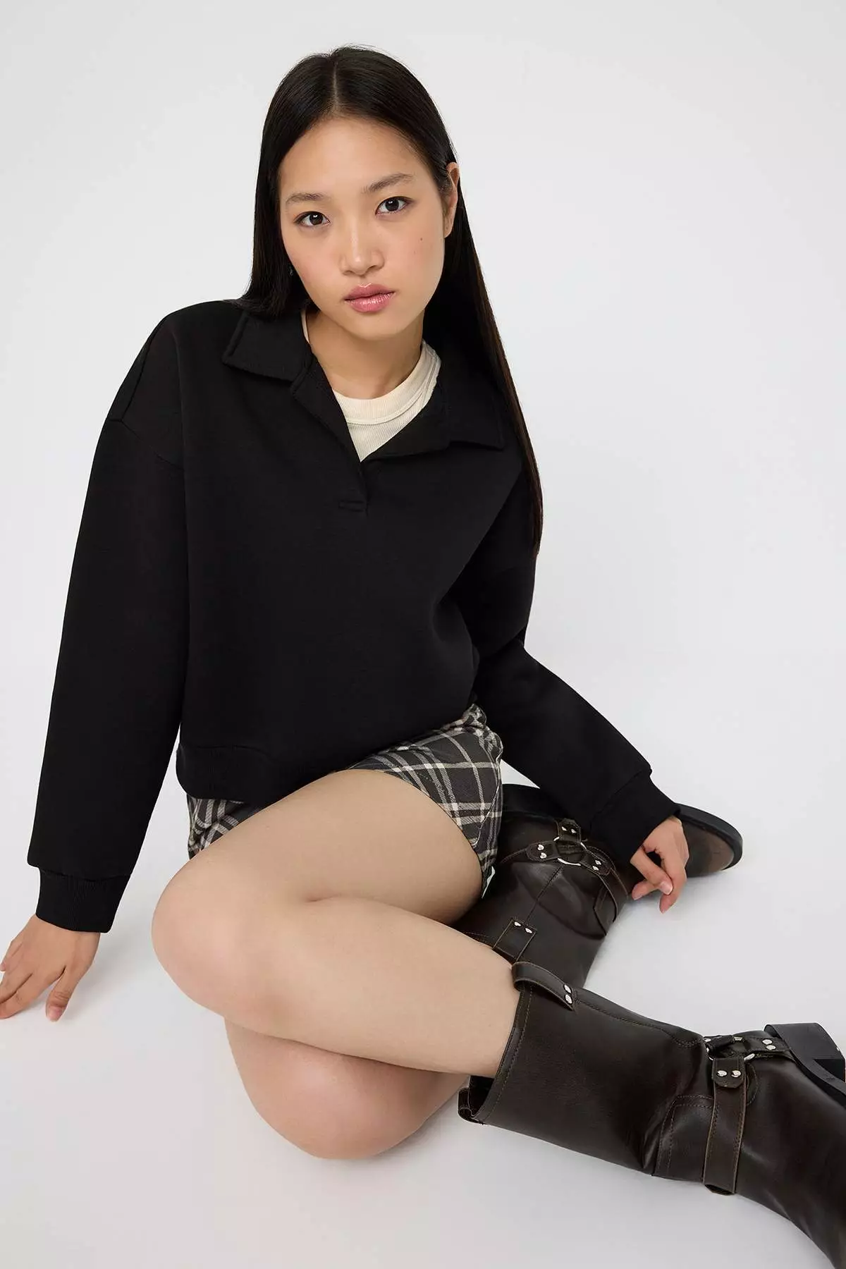 Teen Black Plain Regular Pattern Knitted Sweatshirt Twoaw26Sw00049