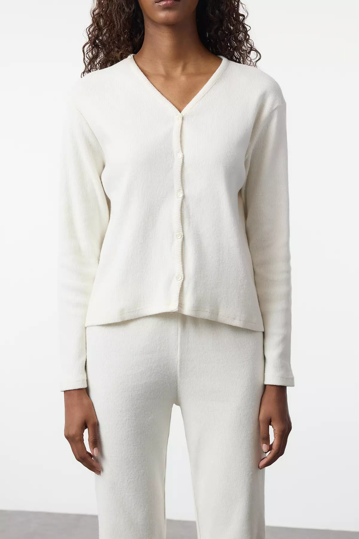 White Cotton Brushed Soft Ribbed Cardigan Knitted Pajamas Set