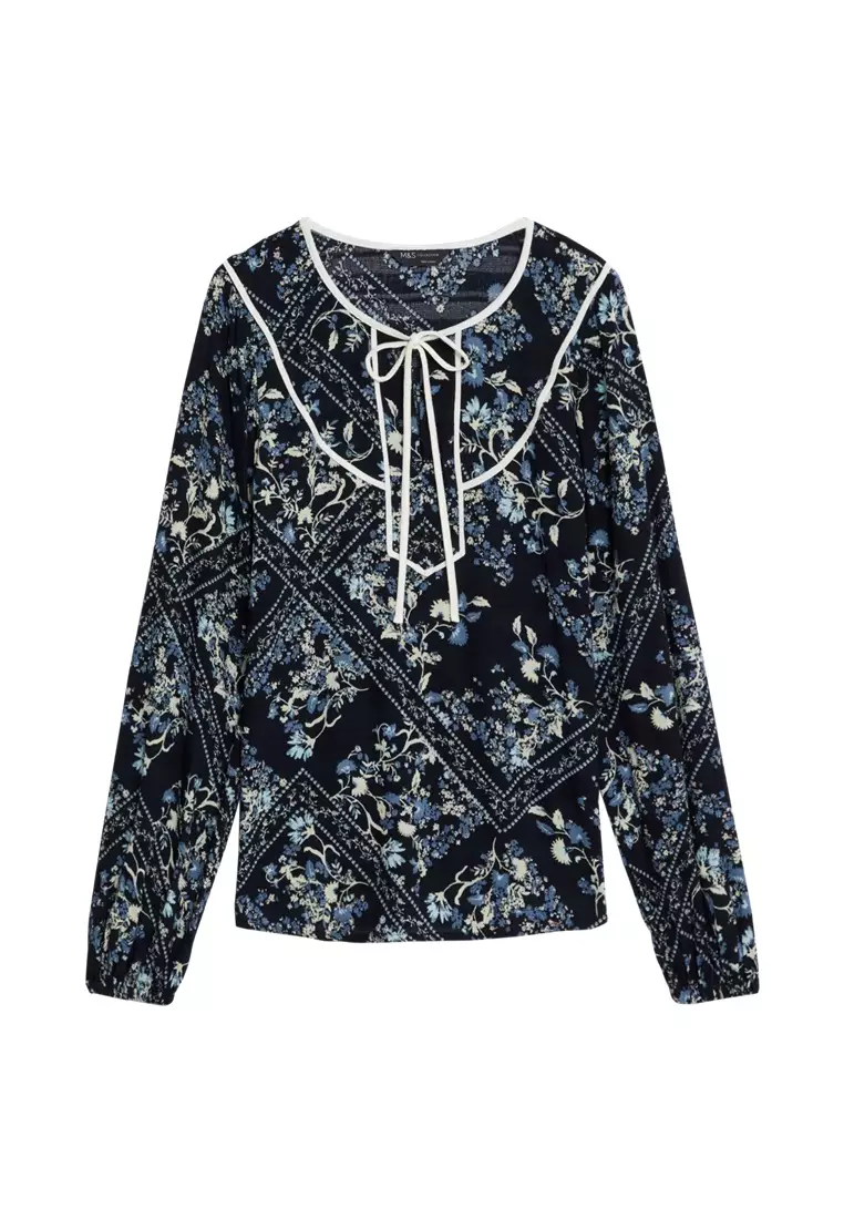 Cotton Blend Printed V-Neck Blouse