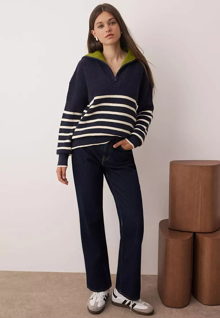Navy Blue Soft Texture Wide Pattern Turn-Down Collar Knitwear Sweater Twoaw26Kz00156