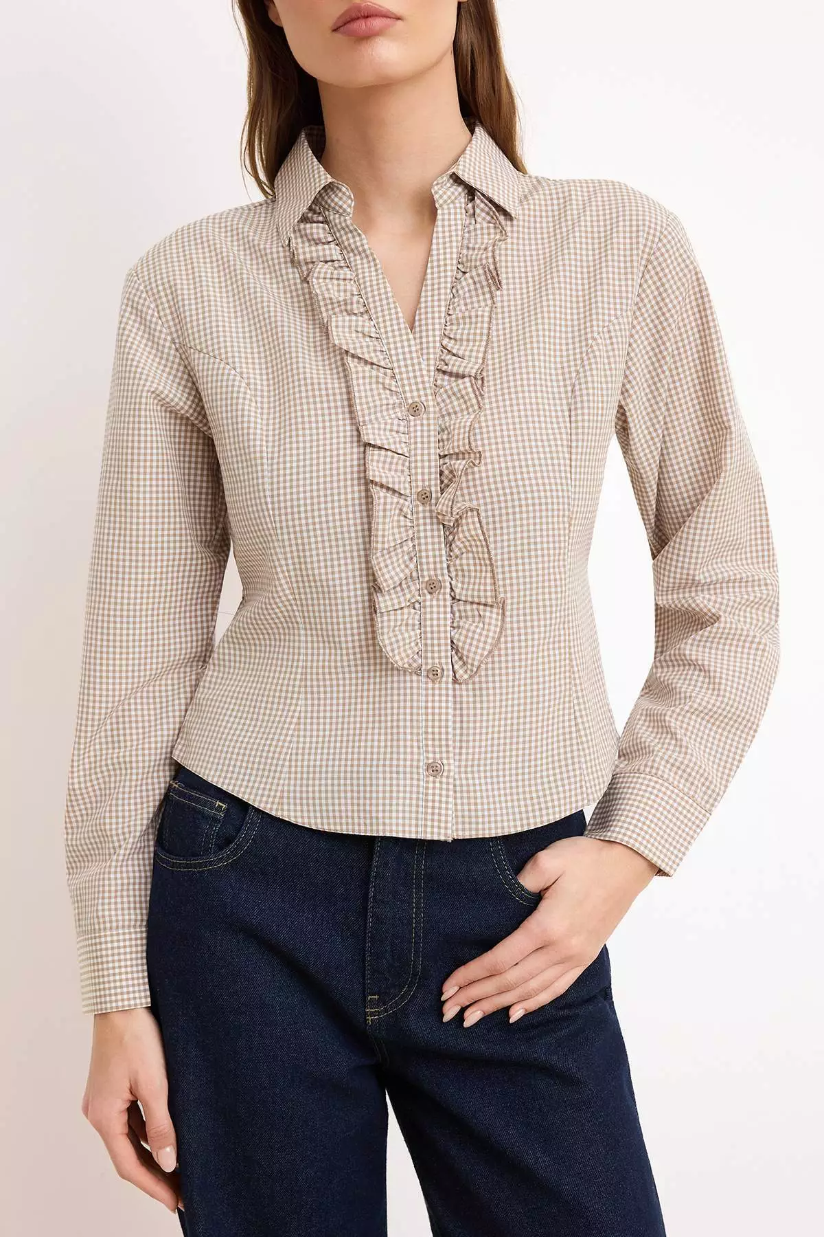 Brown Gingham Ruffled Shirt Twoss26Go3