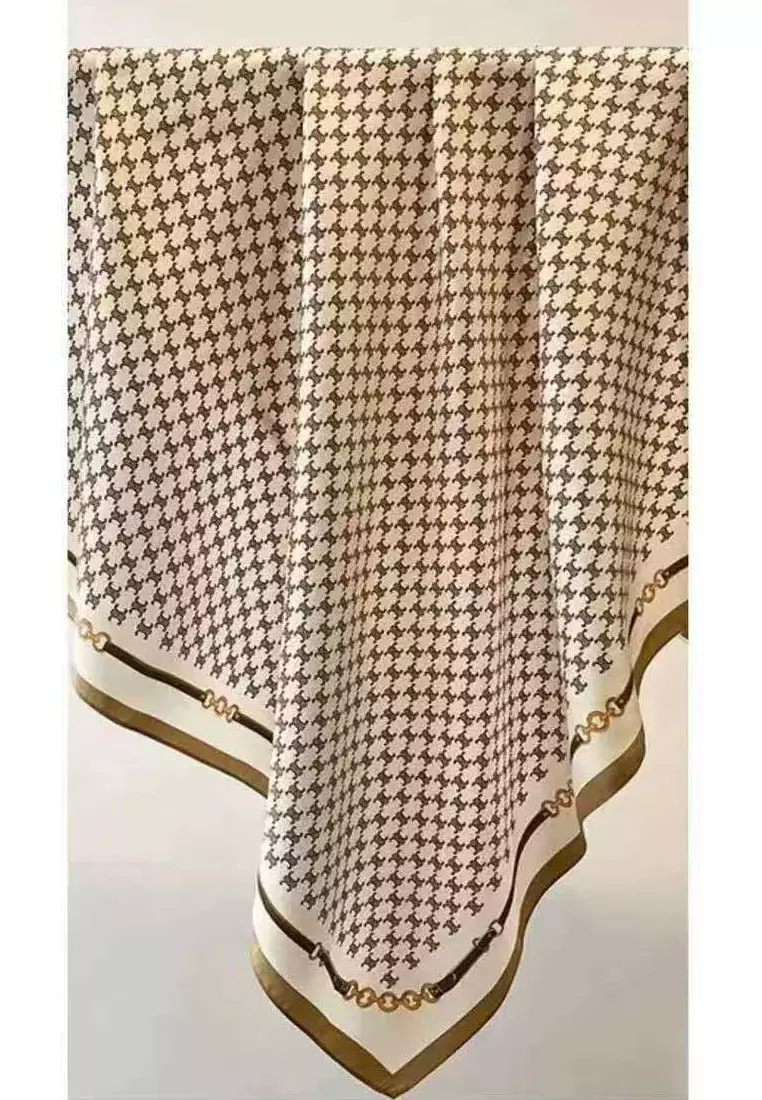 Aksesoris Scarf Belts Border Motif Silky Square Satin Scarf Segi Empat Ukuran Kecil Beige & white