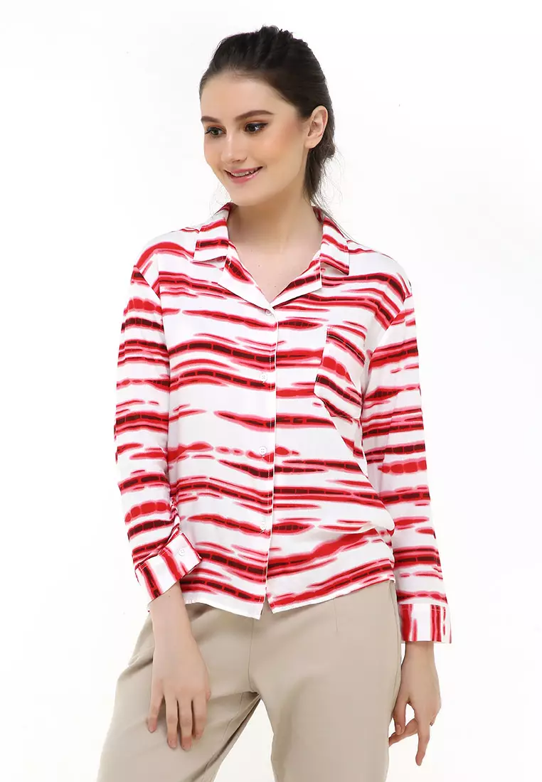 Carel Long Shirt Tie Dye Design Casual Kemeja Atasan Wanita - Merah