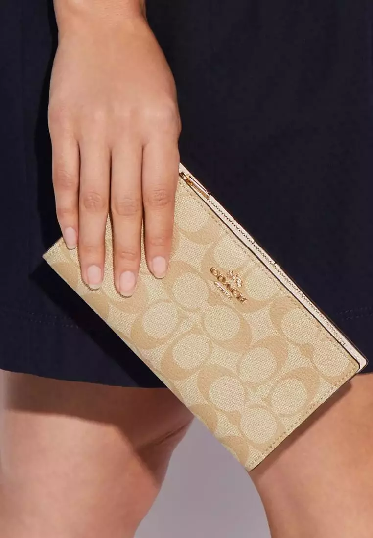 Coach Slim Zip Wallet In Signature Canvas Brown Light Khaki Chalk