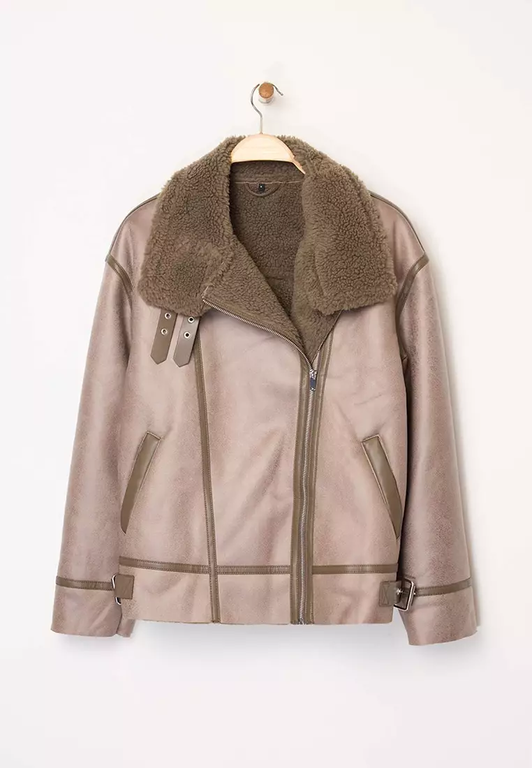 Mink Coat Collar with Belt Detail Plush Suede Biker Jacket Coat TWOAW25MO00011