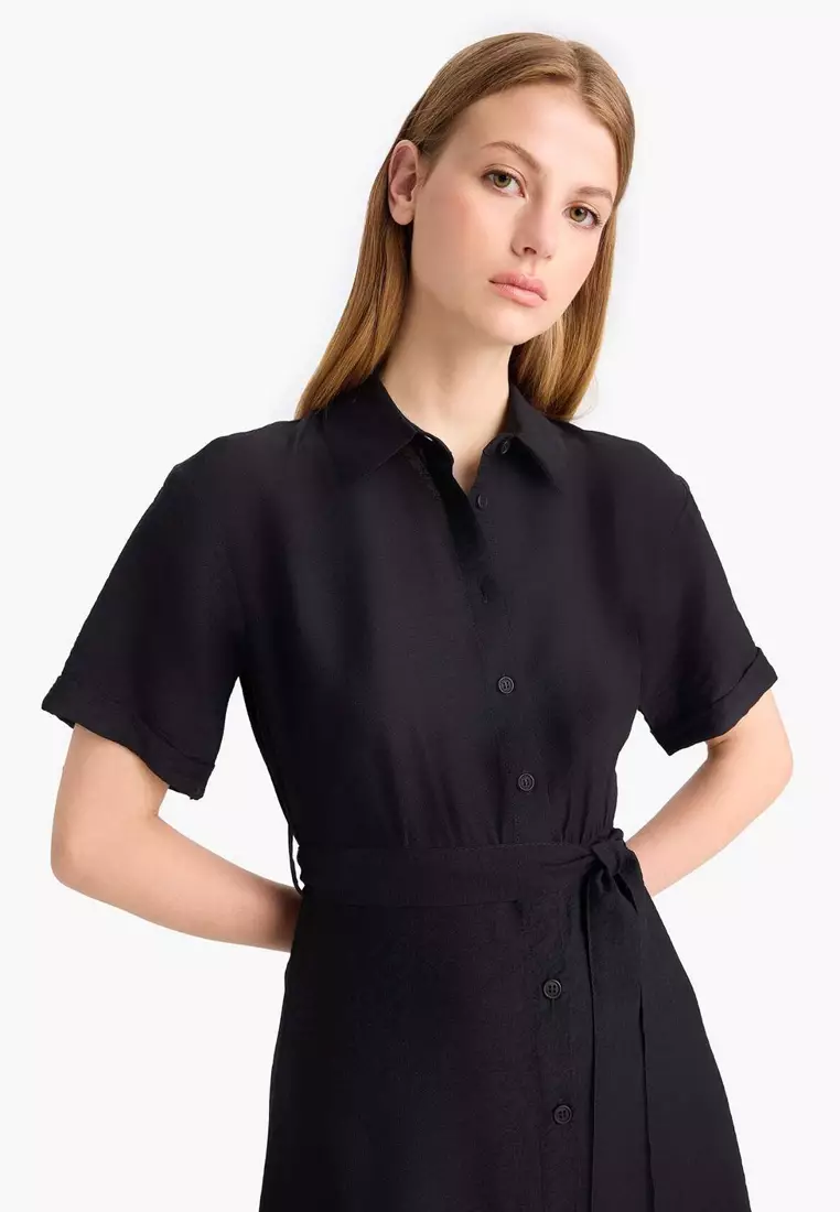 Shirt Collar Belted Short Sleeve Midi Black Summer Dress F2113Ax25Sm
