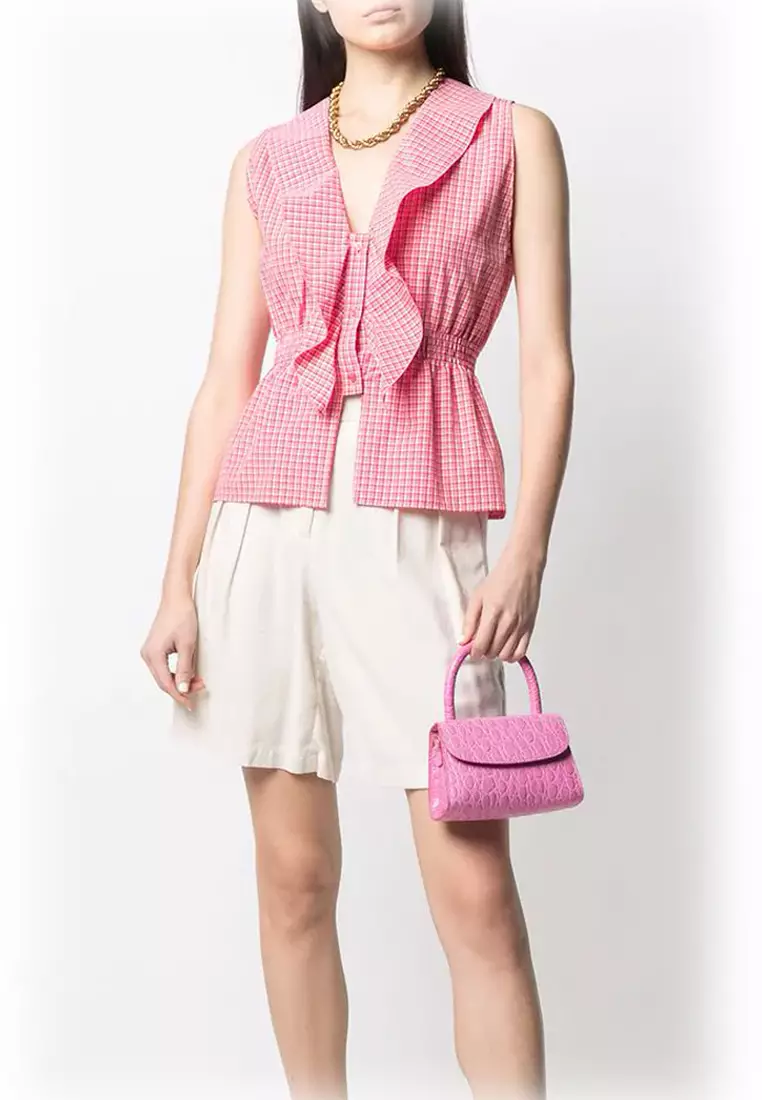 Mini Circular Croco Embossed Leather Shoulder Bag in Fuchsia