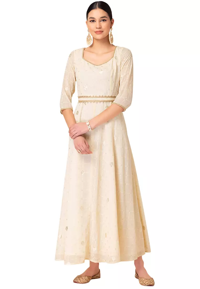 Indya Ivory Foil Print Anarkali Kurta With Belt Set of 2 2024