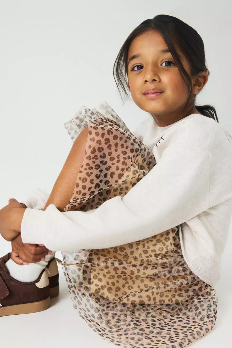 Printed tulle-skirt sweatshirt dress