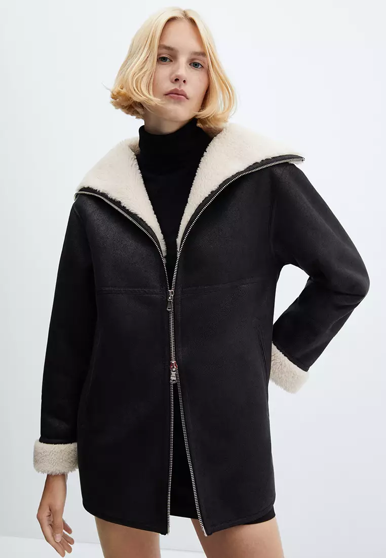 Mango black cheap fur jacket