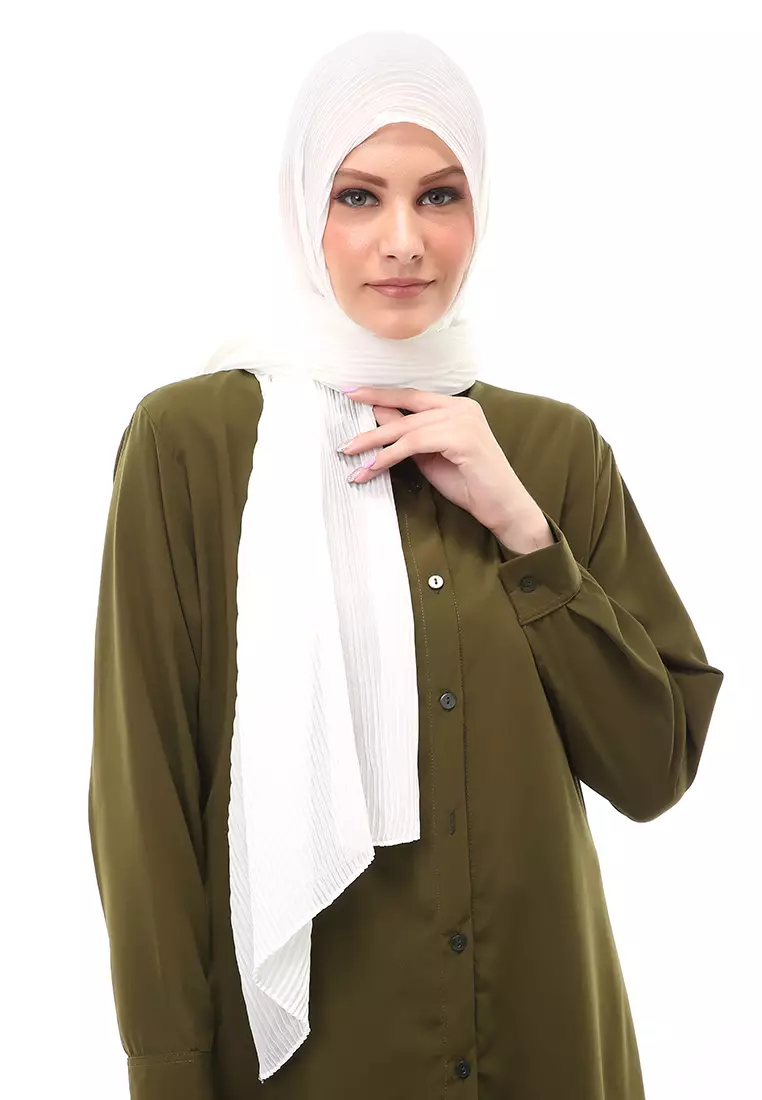 Melissa Pashmina Plisket Garis Hijab Wanita Relaxed Fit - Broken White