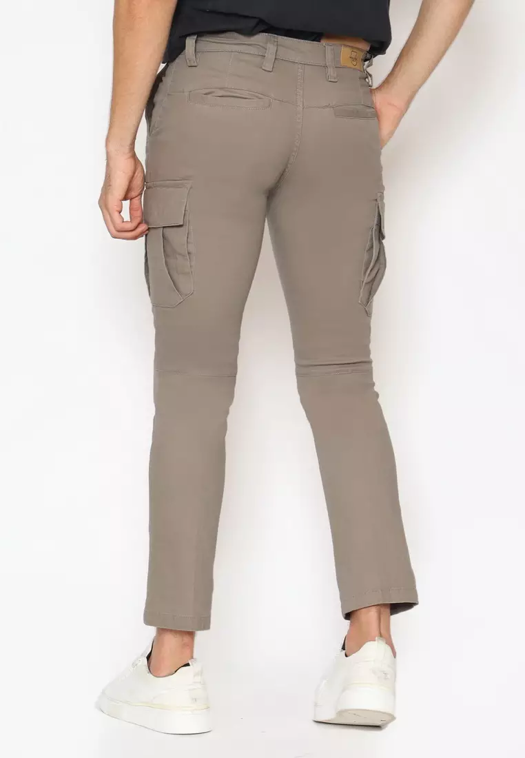 POLICE Celana Cargo Panjang Light Brown Slim Fit Cotton Premium Pria