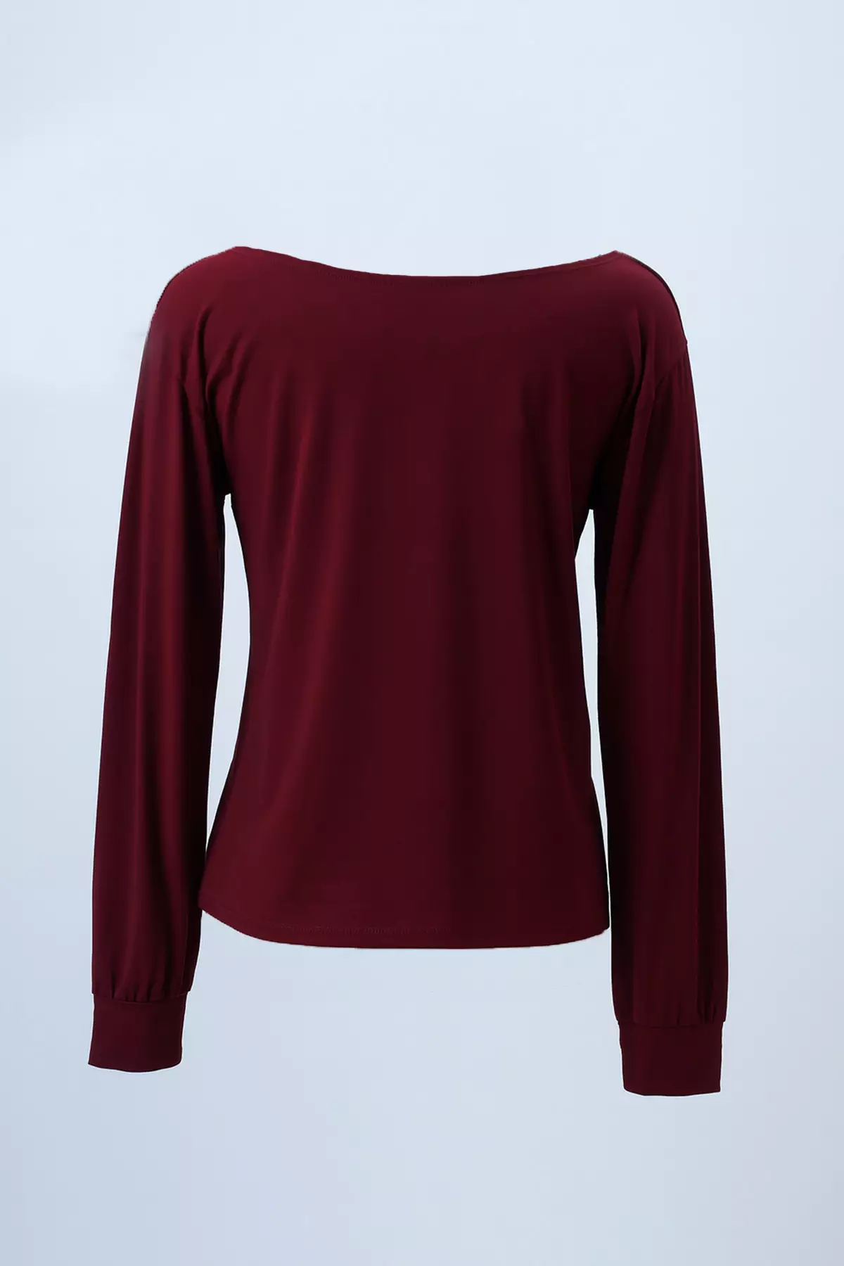 Women's Burgundy Boat Neck Sleeves Cuffed Blouse Alc-X14393