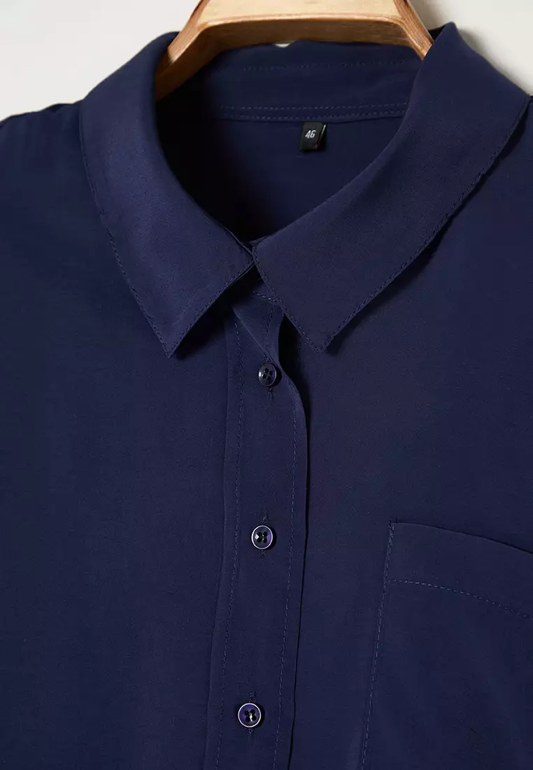 Navy Blue Tencel Soft Touch Woven Plus Size Shirt TBBSS25AX00004