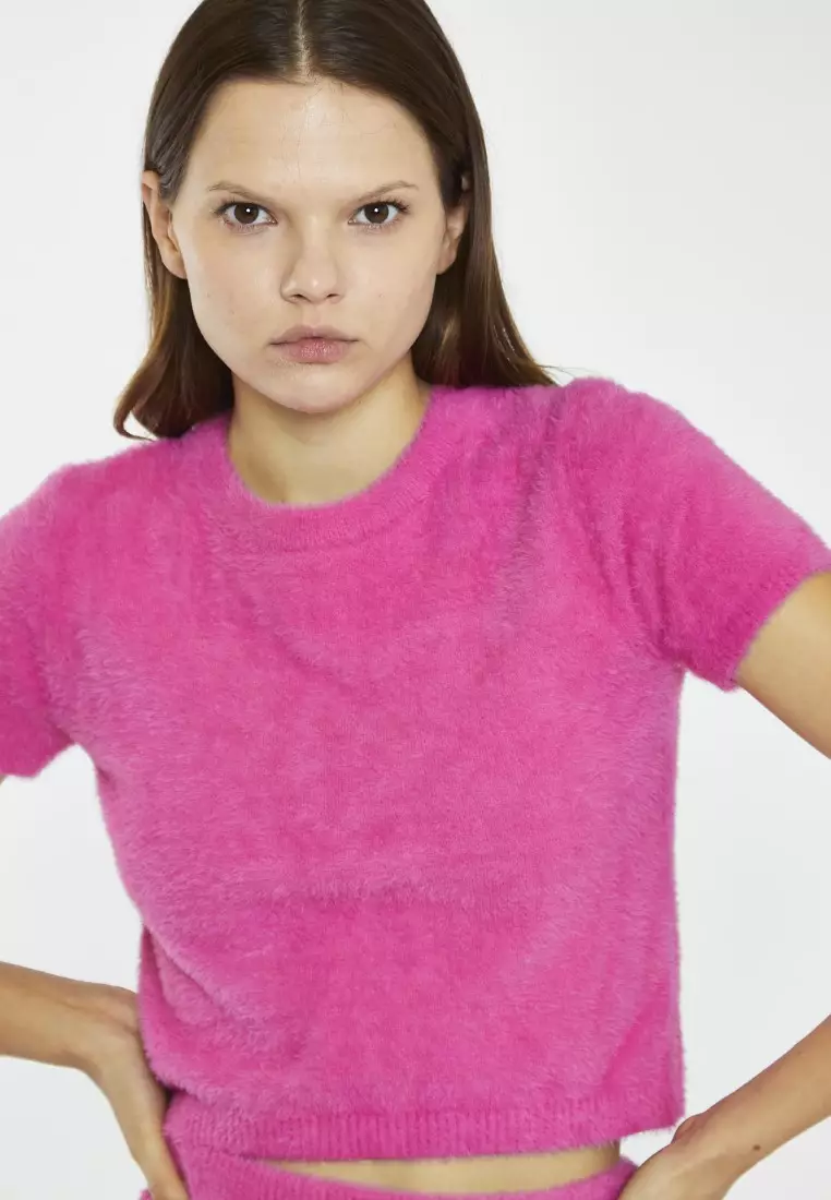 Hot Pink Short-Sleeve Knitted Crop-Top