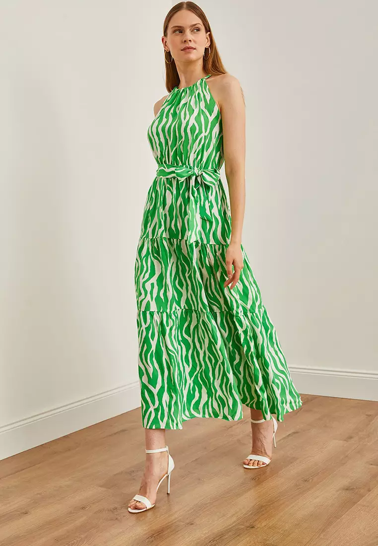 Halter Neck Belted Woven Viscose Dress