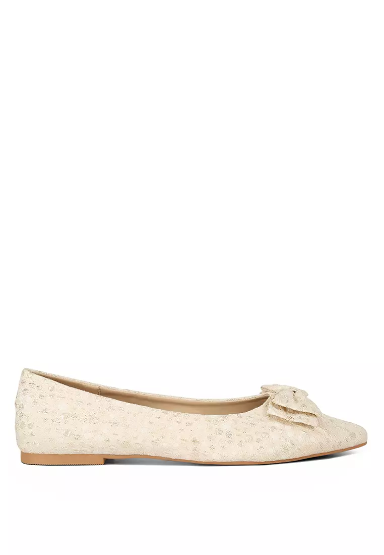 Discount on London Rag  shoes - SKU: Beige Jacquard Bow Embellished Ballet Flats