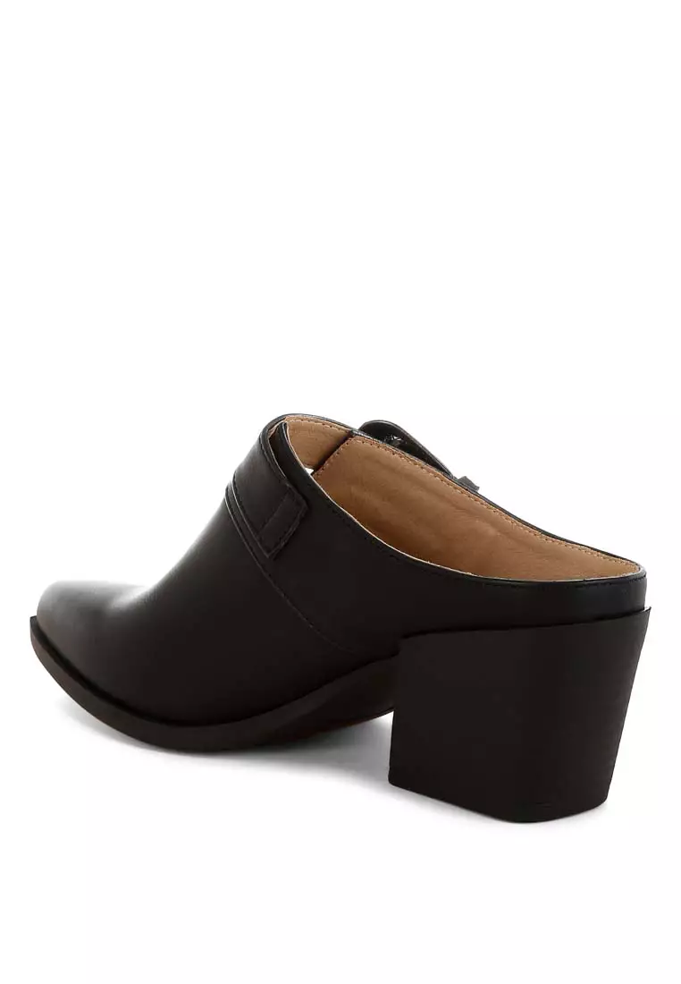 Carved Buckle Statement Mules in Black