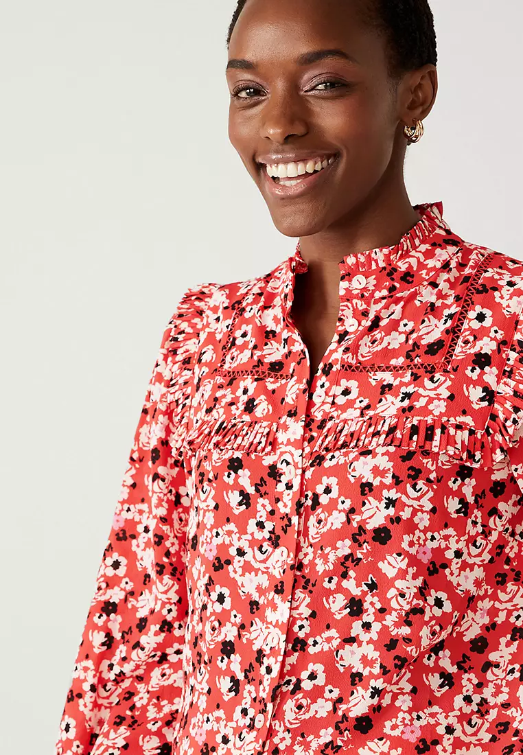 Printed High Neck Bib Detail Blouse