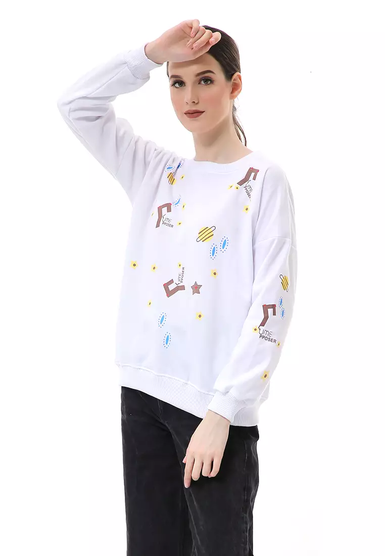 Nadeline Sweater Galaxy Star Oversize Atasan Wanita Relaxed Fit - Putih